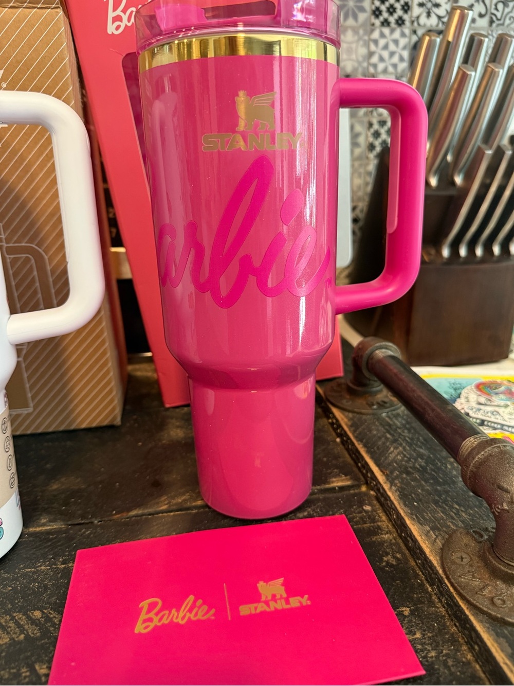 new 50 oz Stanley Barbie Pink Travel Tumbler with Gold Accents